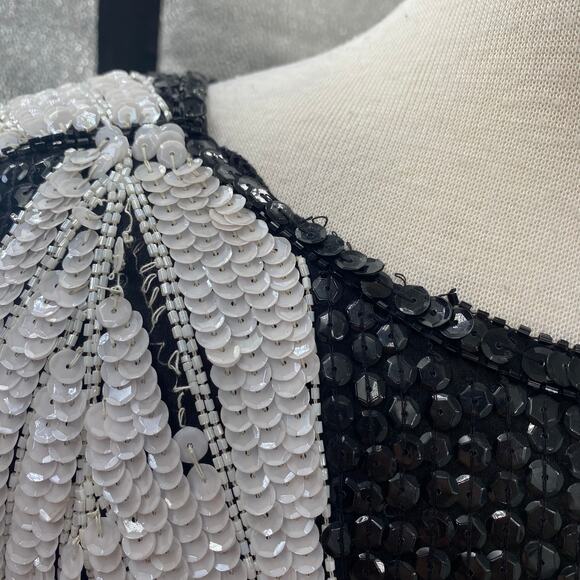 Vintage 80s Silk Beaded Sequined Evening Dress Asymmetric Black White Womens L - Picture 7 of 12